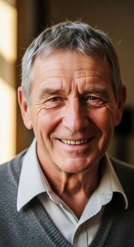Happy senior man with gray hair smiling.