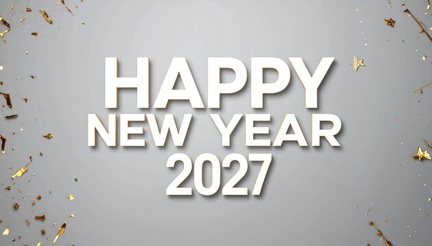 Happy New Year 2027 greeting card design with gold confetti on grey background