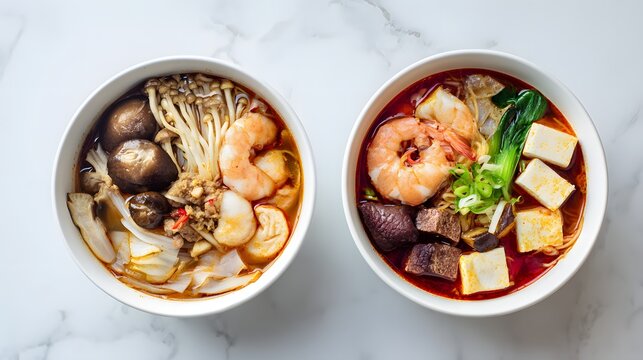 Top view of two Sichuan seafood malatang spicy hot pot bowls with assorted ingredients.