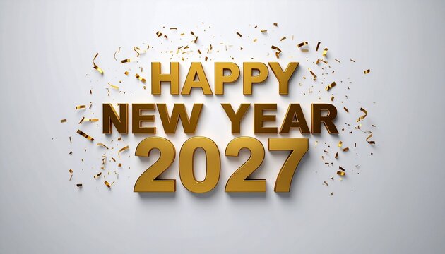 Golden Happy New Year 2027 typography text on light background with shining confetti elements