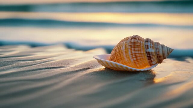 Single seashell with intricate patterns washed up on the shoreline.