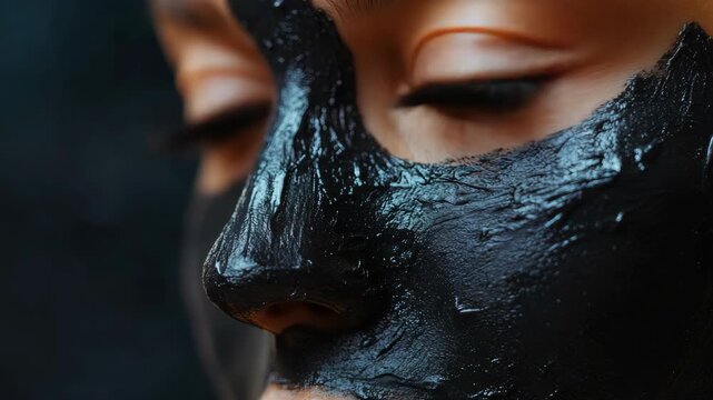 Person with dark skin has mud facial mask applied to the bridge of their nose and under their eyes. Focus is on the skin texture and details in the mask, with eyes looking off into the distance.