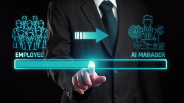 Transitioning from Human Employee to Artificial Intelligence Manager in Modern Work Environment with Futuristic Interface and Professional Attire. Liminal.