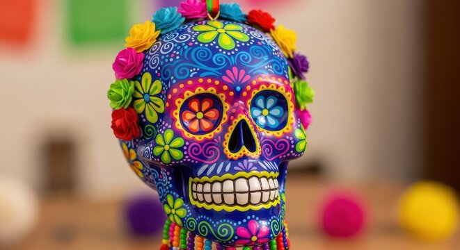 Vibrant sugar skull with floral and bead details, symbolizing Mexican cultural festivities and celebration mood.