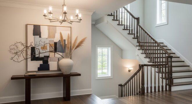 Stylish residential interior featuring a grand staircase, natural light, and sophisticated decor.