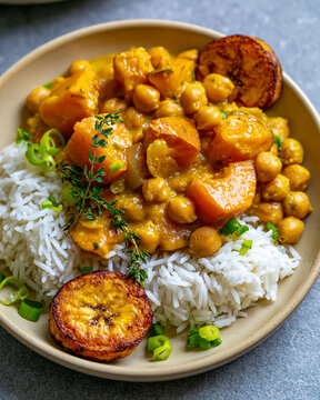 Caribbean pumpkin chickpea curry with coconut rice
