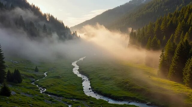 Mountain Valley Fog Clearing at Sunrise