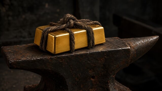 A solid gold ingot tied with dark rope rests securely upon a heavy metal anvil.