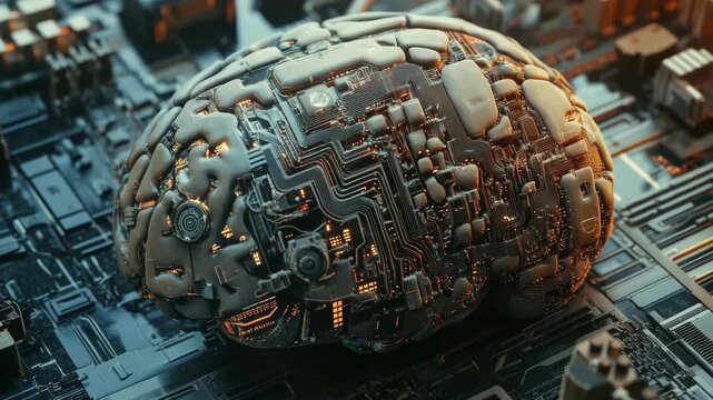A futuristic concept of merging human brain with technology, showcasing circuitry and computer chips integrated into a human head silhouette.