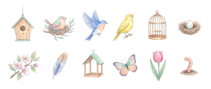 Watercolor bird spring icon set featuring birdhouse, bluebird, nest, canary, cage, egg, flowers, feather, feeder, butterfly, tulip, and worm for nature graphic design projects and decorative spring cr