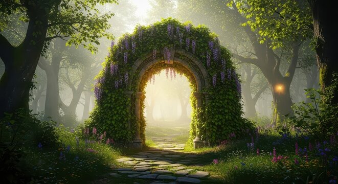 Serene forest scene featuring a sunlit archway surrounded by vibrant trees and peaceful atmosphere.