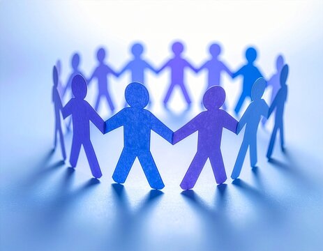 Blue paper cutout figures holding hands in a circle symbolizing teamwork, unity, and business collaboration.