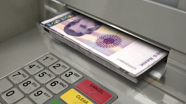 Cash withdrawal from ATM machine with hand taking scandinavian kroner banknotes from automated teller in 4K Ultra HD footage
