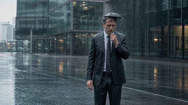 A businessman in a wet suit holds a broken umbrella standing outside during heavy rain in the city.