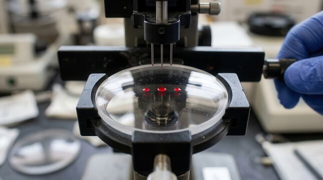 A precise scientific investigation featuring a close-up of a laboratory microscope analyzing crimson blood samples for advanced medical research and clinical diagnostic testing procedures