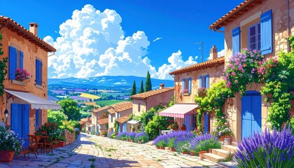 Fototapeta premium Anime Style Provence Village with Lavender Fields Under a Summer Sky