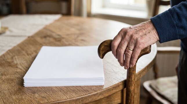 Senior person's hand resting on a wooden cane beside a stack of plain documents on a table, face out of frame. Social Security photo for elder care and financial services marketing.
