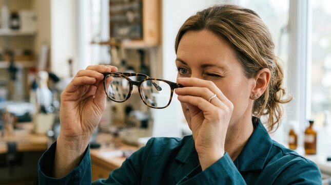 Optician Carefully Inspecting Tortoiseshell Eyewear Frames Emphasizing Precision Craftsmanship and Optical Expertise in Eyecare Solutions