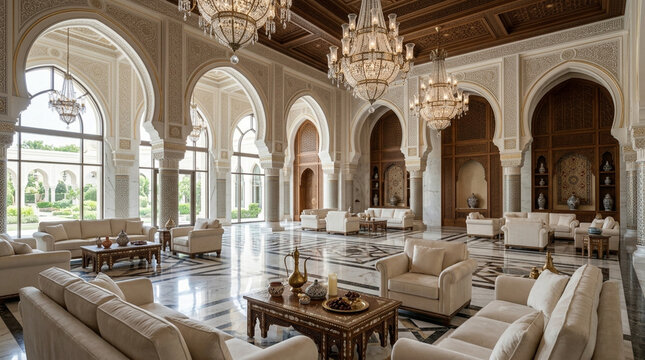 Luxury Moroccan Hallway with Chandeliers and Arches