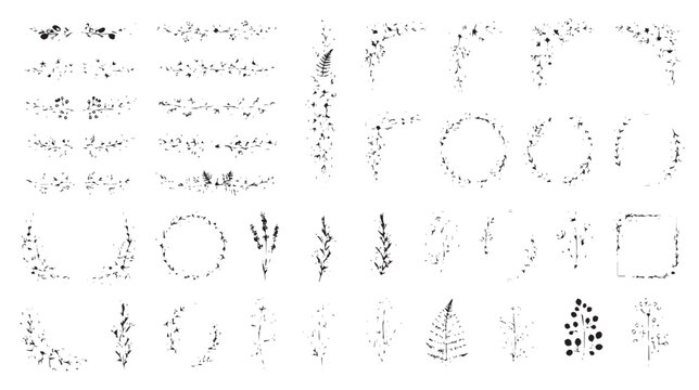 Hand drawn botanical dividers and floral frames, delicate black ink leaf wreaths and borders, 35 vector sketches for wedding invitations isolated on White Background