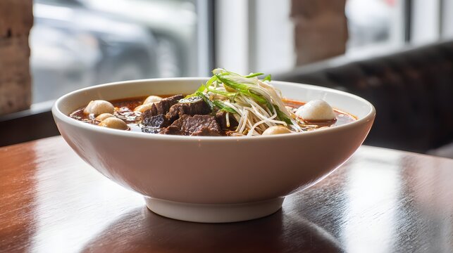 Sichuan malatang spicy hot pot with beef and assorted ingredients in white bowl.