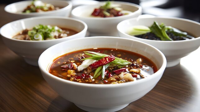 Multiple bowls of Sichuan malatang spicy hot pot with assorted ingredients.