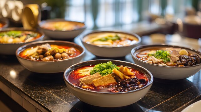 Multiple bowls of Sichuan malatang spicy hot pot with assorted ingredients on restaurant table.
