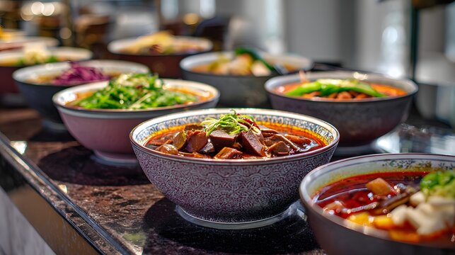Multiple bowls of Sichuan malatang spicy hot pot with assorted ingredients on restaurant table.