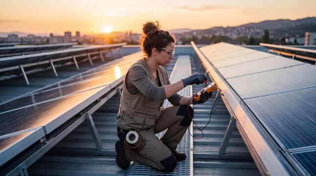 A woman technician inspecting a solar panel on a rooftop during sunset with city background.