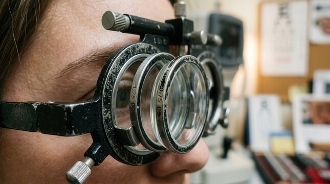 Comprehensive Optometry Eye Examination with Precision Trial Frame Lenses for Accurate Vision Correction and Ocular Health Assessment in a Professional Clinical Setting