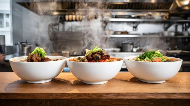 Three bowls of Sichuan malatang spicy hot pot served on commercial kitchen counter.