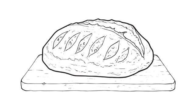 Hand drawn sourdough bread loaf on wooden cutting board, rustic bakery bread sketch vector, artisanal crusty bread illustration for menu design isolated on White Background