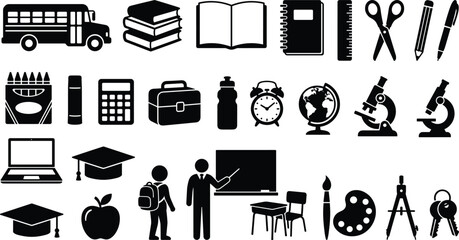 Learning and university flat icons containing lunchbox clock alarm blackboard crayon divider keys paintbrush and study tools for graphic design © Rakib