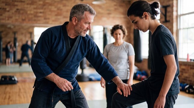 A martial arts instructor teaching a young man inside a gym with brick walls and wooden floors.