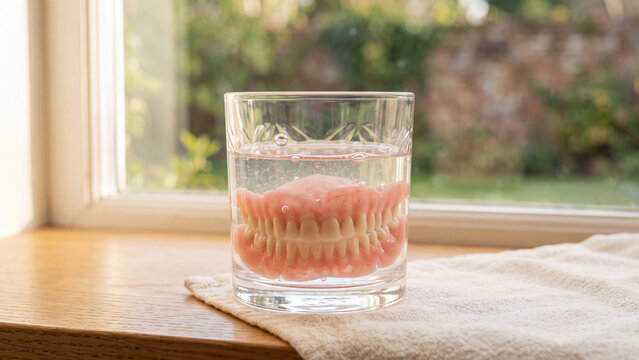 Set of full dentures soaking in a clear glass of water on a wooden windowsill.