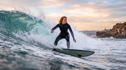 Fototapeta premium Surfer rides an ocean wave on a surfboard wearing a wetsuit during sunset.