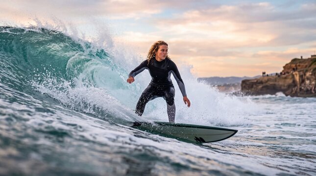 Surfer rides an ocean wave on a surfboard wearing a wetsuit during sunset.