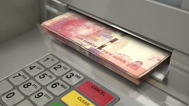 Cash withdrawal from ATM machine with hand taking south african rand banknotes from automated teller in 4K Ultra HD footage
