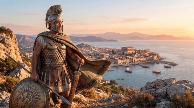 A proud warrior in ancient Greek armor stands on a rocky cliff overlooking a coastal city at sunset.