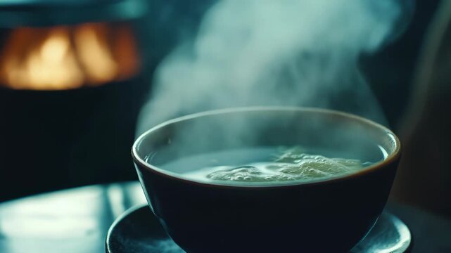A steaming bowl of soup on a table, with warm lighting and steam rising from the dish.