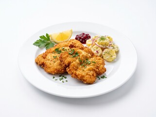 Fototapeta premium schnitzel, chicken, breaded, cutlet, crispy, golden, meal, food, dinner, potato salad,