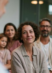 Fototapeta premium Group of four people, two women and two men, sitting together in a room. the woman in the foreground is a middle-aged woman with curly hair, wearing a beige blazer and smiling at the camera.