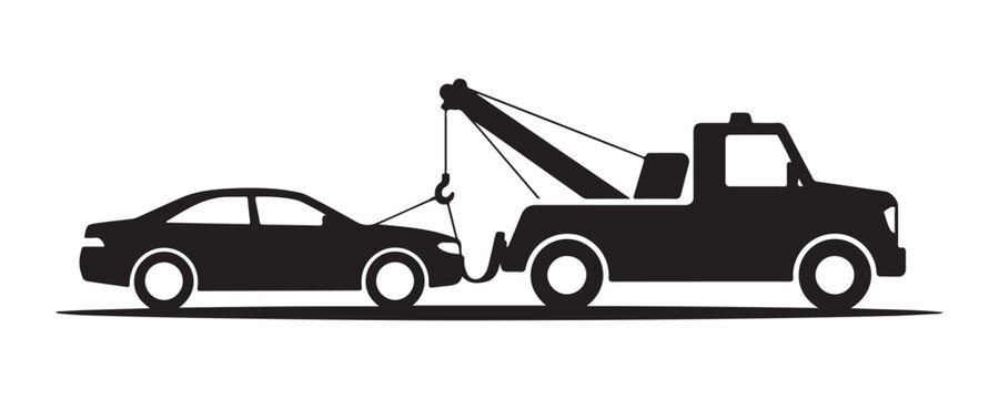 Tow truck towing car with hook and chain icon on grey background vector illustration silhuette.