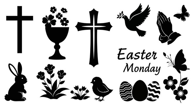 Easter monday symbols and icons in black silhouette with silhouettes representing easter including crosses chalice chalice flowers dove dove praying hands