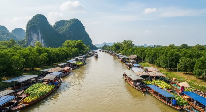 A bustling traditional floating market scene with numerous boats laden with goods navigating a wide river lined with lush greenery and distant mountains under a clear sky.