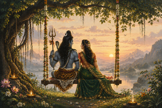 Happy hariyali teej and kajari teej divine shiva parvati seated on floral swing beside serene lake mountains lotus lamps and golden sunrise