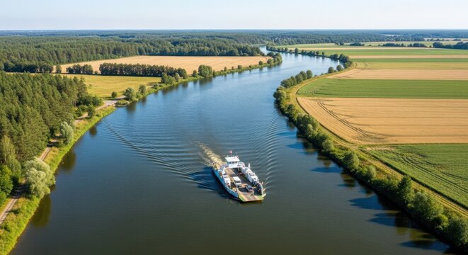 A vehicle ferry navigates a wide, winding river surrounded by agricultural fields and lush green trees under a clear blue sky.