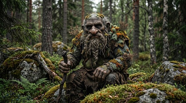 A fantasy forest troll creature sitting outdoors in a deep green woodland holding a wooden walking stick.