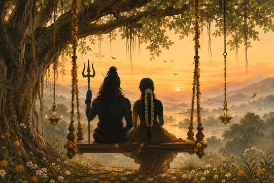 Happy hariyali teej and kajari teej shiva parvati silhouettes seated on floral swing under banyan overlooking misty valley river mountains and sunrise