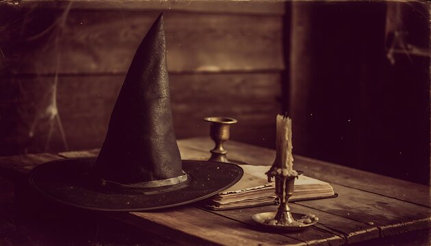 A vintage witchs hat old book and lit candle on a wooden table evoking a dark magical atmosphere for Halloween and fantasy themes